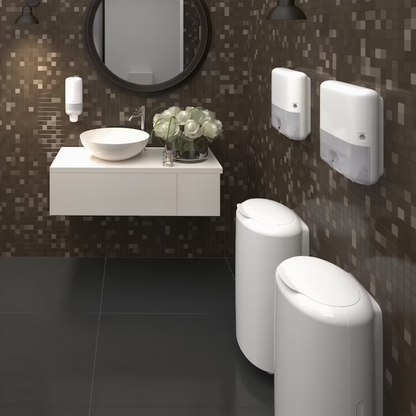 Dans une salle de bain moderne avec un miroir rond au-dessus d'un lavabo flottant blanc et un lavabo à poser, deux élégants distributeurs Tork 561500 pour savon et désinfectant pour les mains d'Essity Professional Hygiene Germany GmbH sont fixés au mur carrelé de mosaïques pour mettre en valeur l'hygiène des mains. Un bouquet de fleurs blanches orne l'étagère et complète le design élégant de la façade de la pièce.