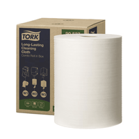Op de voorkant van de verpakkingsdoos staat een grote afbeelding van de Tork 90537 Duurzame reinigingsdoekjes Premium W1 W2 W3. Hierop zijn afbeeldingen en teksten te zien die de absorptiecapaciteit van het doekje en de compatibiliteit ervan met verschillende dispensers benadrukken.
