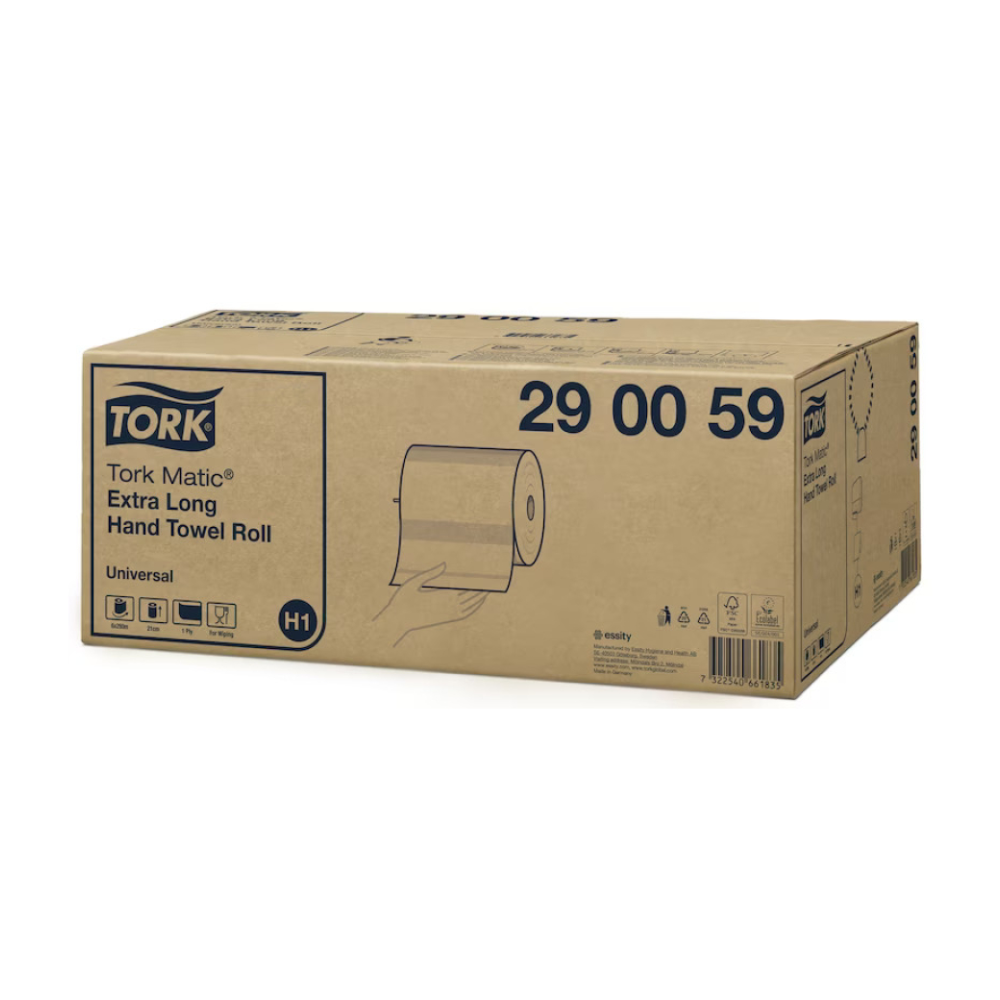 Sur un carton portant l'inscription „Tork Matic® 290059 extra-long rouleau d'essuie-mains Universal H1 1-couche“, une main est représentée tenant un rouleau d'essuie-mains extra-long. Le carton fabriqué par TORK – Essity Professional Hygiene Germany GmbH contient divers symboles d'expédition et de manutention et contient six rouleaux.