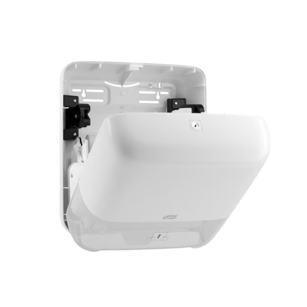 De Tork Matic® 551000 dispenser voor rolhanddoeken Elevation H1 van TORK – Essity Professional Hygiene Germany GmbH is een elegante en moderne witte dispenser voor wandmontage met een open voorkant die het interne mechanisme voor enkele vellen uitlevering toont. Hij beschikt over gladde oppervlakken, afgeronde randen en een vulpeilindicatie.
