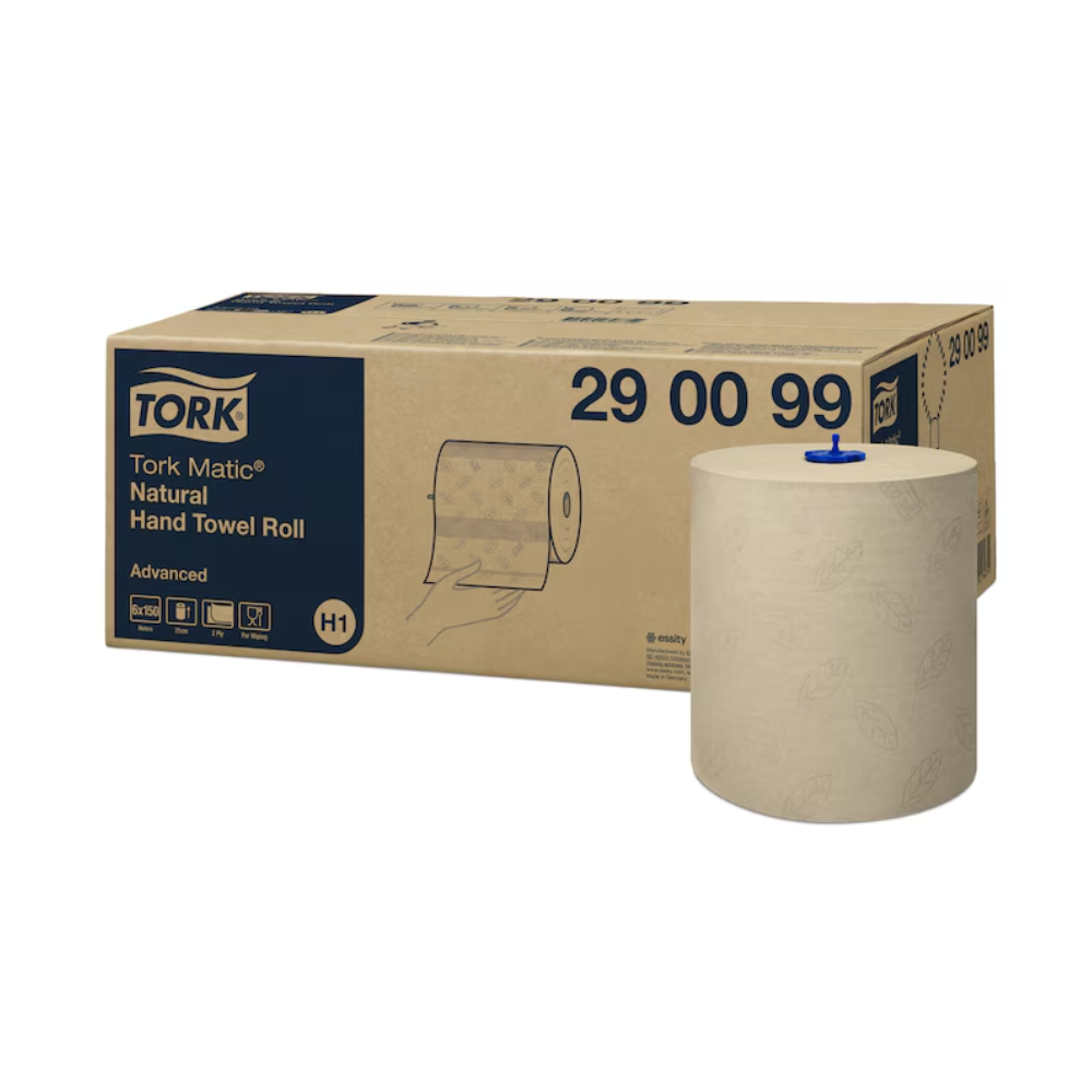 Un carton portant l'inscription « Tork Matic® Rouleau d'essuie-mains Advanced H1 2 plis » de TORK – Essity Professional Hygiene Germany GmbH se trouve à côté d'un rouleau d'essuie-mains beige, conçu pour un séchage des mains efficace. Le carton met en avant le Advanced System H1 et contient le numéro de modèle 29 00 99 ainsi que des illustrations et spécifications détaillées.