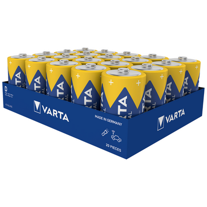 Een verpakking met 20 Varta AG Industrial Pro Mono D batterijen 4020 LR20-batterijen, elk met een geel-blauw ontwerp met de merknaam en de tekst „Made in Germany“, gepresenteerd in een blauwe open doos.