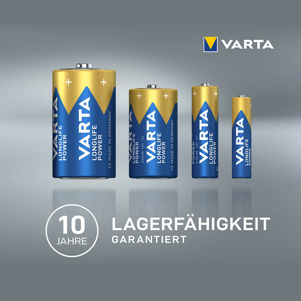 Vier Varta Industrial Pro Mono D batterijen in afnemende grootte zijn in een rij op een grijze achtergrond gerangschikt, met de tekst „10 jaar houdbaarheid gegarandeerd“.