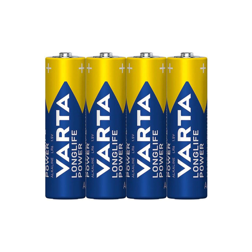 Vier Varta Longlife Power 4906 AA batterijen (LR6, 4 stuks in folie) staan rechtop naast elkaar. De blauwe en gele labels van het merk Varta AG tonen hun geschiktheid voor apparaten met een hoge energiebehoefte.