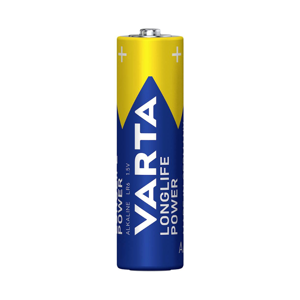 Een verpakking met 4 Varta Longlife Power 4906 AA batterijen van Varta AG, in blauw en geel design, staat op een witte achtergrond. Perfect voor apparaten met een hoge energiebehoefte, toont de verpakking merk en productdetails.