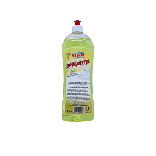 Een plastic fles van 1 liter met Velvet afwasmiddel, geel, van de Stern Waschmittel GmbH met een rode flip-top-sluiting en een geel etiket met productinformatie in het Duits.