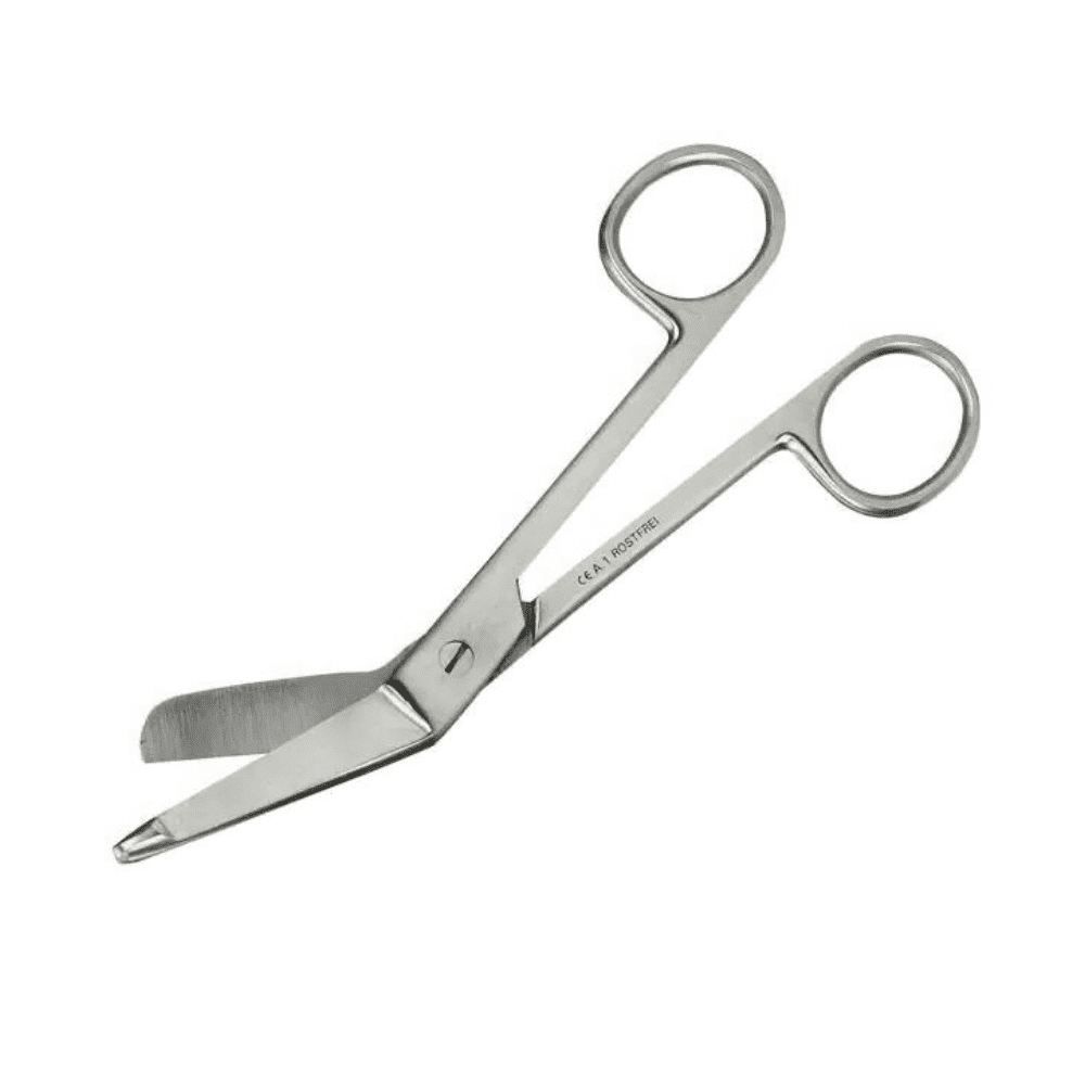 Een verbandsschaar volgens Lister van Servoprax GmbH met roestvrijstalen bladen en ronde handgrepen. Deze steriele verbandsschaar is uitgerust met een stompe punt aan één kant van het blad voor veilig knippen en is ideaal voor nauwkeurig en hygiënisch gebruik in verschillende medische omgevingen.