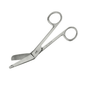 Een verbandsschaar volgens Lister van Servoprax GmbH met roestvrijstalen bladen en ronde handgrepen. Deze steriele verbandsschaar is uitgerust met een stompe punt aan één kant van het blad voor veilig knippen en is ideaal voor nauwkeurig en hygiënisch gebruik in verschillende medische omgevingen.