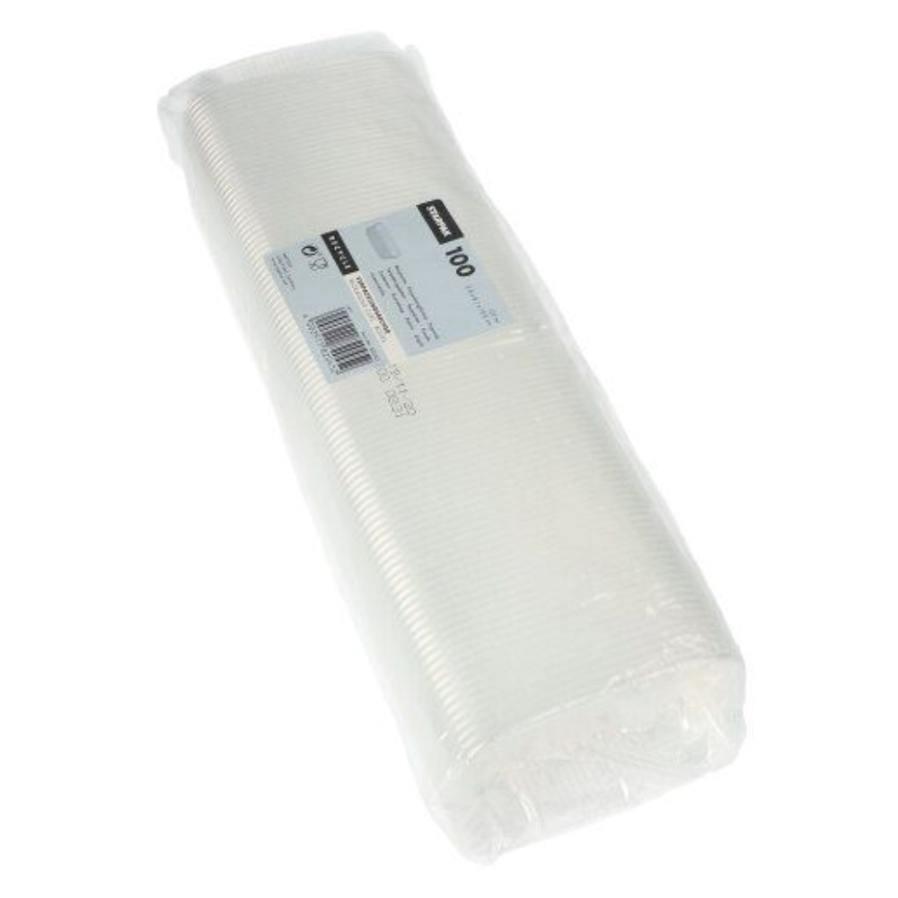 Een verzegelde verpakking met 100 Starpak verpakkingsbekers PP rechthoekig 125 ml transparant heeft een etiket met hoeveelheid en details. De bekers zijn netjes gestapeld en zichtbaar door de transparante verpakking.