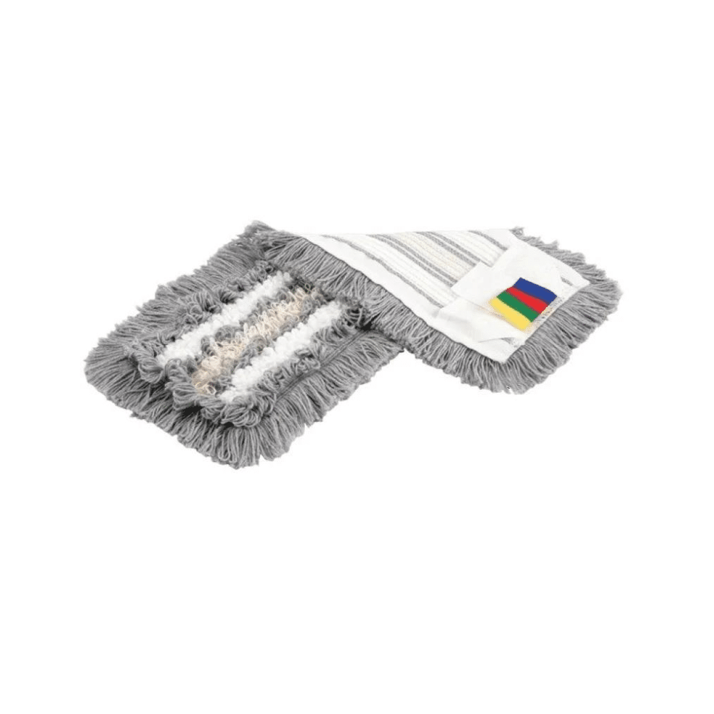 Sur un fond blanc repose une tête de balai à franges grise avec des franges en couches et une étiquette multicolore qui souligne la haute performance de nettoyage du CombiSpeed Trio Mop de la société Vileda GmbH.