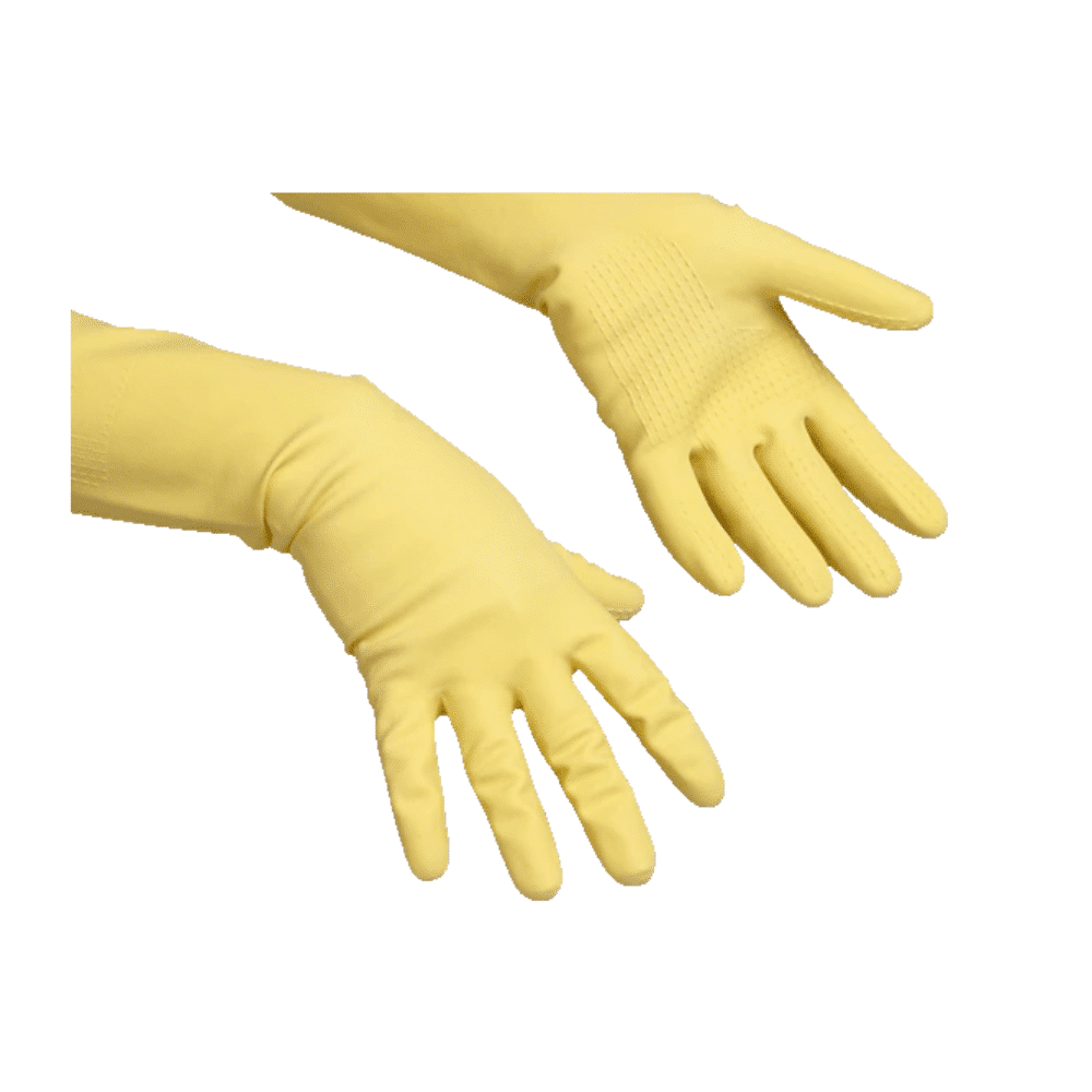Een paar gele Vileda Professional SafeGrip - De gripvaste natuurrubber keukenhandschoenen van Vileda GmbH met gestructureerde grip op de handpalmen, waarbij één handschoen met de handpalm en de andere met de rug van de hand wordt getoond, ideaal voor schoonmaakwerkzaamheden.