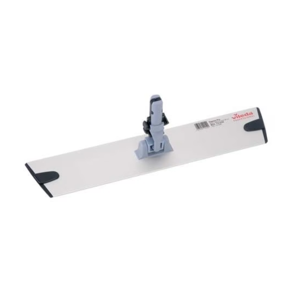 De Vileda GmbH Professional Express Pro Mophouder - 40 cm | Verpakking (1 stuk) omvat een platte mopkop met lichtgrijze rechthoekige basis en centrale scharnierbevestiging, ideaal voor professionele reiniging. Het ergonomische trapeziumontwerp wordt verbeterd door licht verhoogde randen en kleine donkergrijze pads op elke hoek.