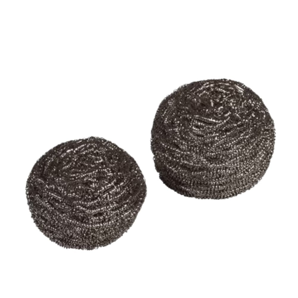 Une paire de spirales à récurer rondes en acier inoxydable avec une structure de fil enroulé, disposées côte à côte sur un fond blanc. Ces spirales à récurer Vileda Professional Inox de Vileda GmbH sont conçues pour des tâches de nettoyage difficiles et offrent durabilité et efficacité.