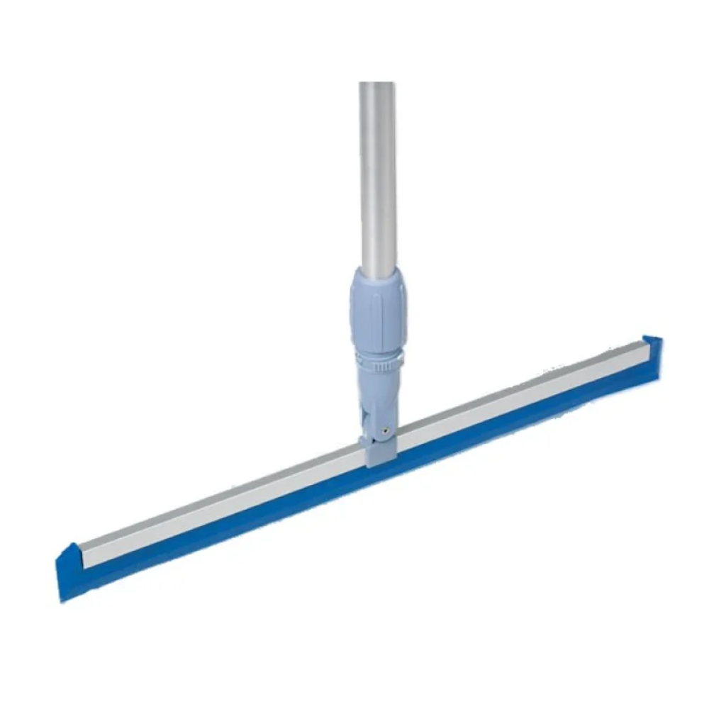 De Vileda Professional MultiSqueegee waterwisser - 50 c van Vileda GmbH wordt gepresenteerd met een lange zilveren steel met een comfortabele lichtblauwe handgreep en een blauwe rubberen lip. Deze trekker, die zowel als waterwisser als trekker bekend is, is verticaal gepositioneerd voor een eenvoudige achtergrond.