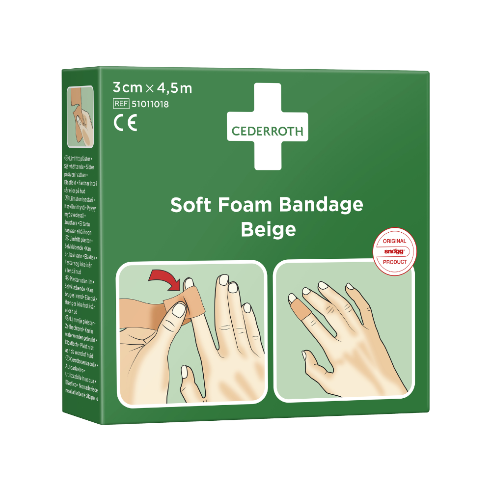 Een groene doos Holthaus Soft Foam Zelfklevend Verband van Holthaus Medical GmbH & Co. KG, 3 cm x 4,5 m. Op de voorkant zijn gebruiksaanwijzingen te zien: Een afbeelding toont hoe je het verband knipt en om een vinger wikkelt, een andere toont het gewikkelde verband om een hand.