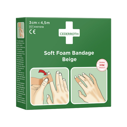 Een groene doos Holthaus Soft Foam Zelfklevend Verband van Holthaus Medical GmbH & Co. KG, 3 cm x 4,5 m. Op de voorkant zijn gebruiksaanwijzingen te zien: Een afbeelding toont hoe je het verband knipt en om een vinger wikkelt, een andere toont het gewikkelde verband om een hand.