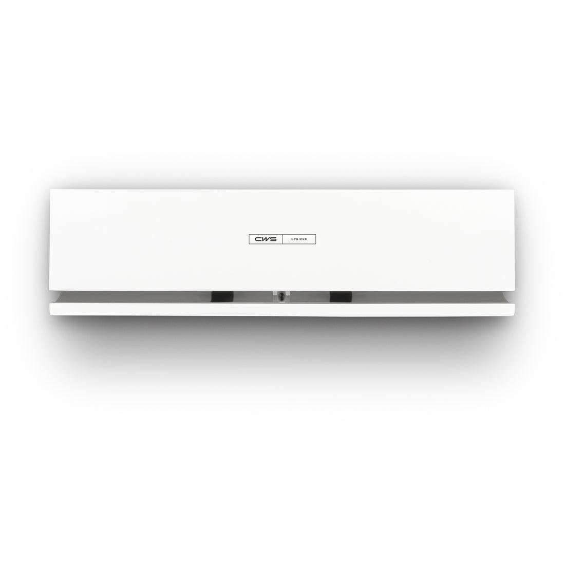 Het CWS frontpaneel voor geurverspreider Air Bar is een eenvoudig, wit, rechthoekig wandpaneel met een klein CWS-logo in het midden en een zichtbare luchtuitlaat aan de onderkant, dat modern ontwerp weerspiegelt.