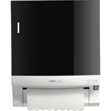 Het CWS-voorpaneel voor rolhanddoekdispensers Paperroll is een zwart-witte wanddispenser met zichtbaar handdoekpapier, kleine grafieken en het CWS-merklabel aan de voorkant - perfect voor de optimalisatie van wasruimtes.