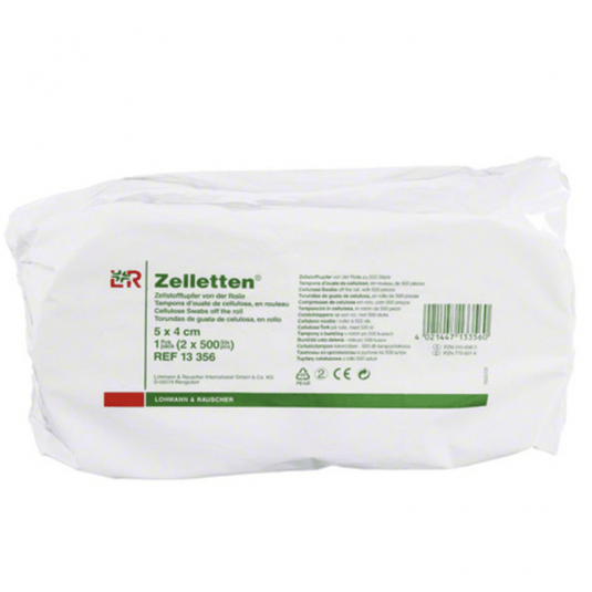 La boîte de tampons de cellulose Zelletten® de Lohmann & Rauscher est idéale pour les applications médicales. L'étiquette indique les dimensions (5 x 4 cm), la quantité (2 boîtes de 500 pièces) et la référence (13 356). La boîte est principalement blanche, avec du texte en vert.
