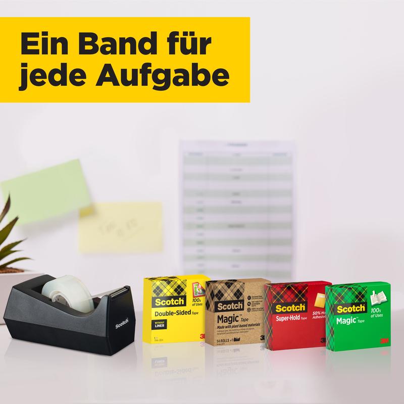 Een 3M Deutschland GmbH Scotch® Magic™ Onzichtbare Tape-dispenser en vijf verschillende tapes staan op een witte ondergrond voor een wazige kalender en plaknotities, erboven de tekst "Een tape voor elke taak".