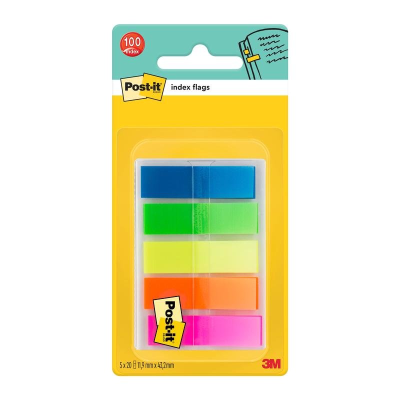 Un paquet scellé de Post-it® Index Signets, Mini (11,9 mm x 43,2 mm) de 3M Deutschland GmbH contient 100 bandes colorées en cinq piles, dans les couleurs bleu, vert, jaune, orange et rose. L'emballage est jaune avec des informations sur le produit.