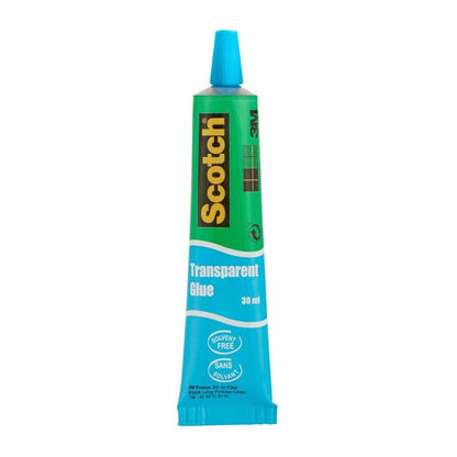 Un tube de 30 ml de colle transparente sans solvant Scotch® pour la maison de 3M Deutschland GmbH, avec un bouchon turquoise, une étiquette bleue et un branding vert, jaune et noir. Sans solvant. 1 tube par paquet.