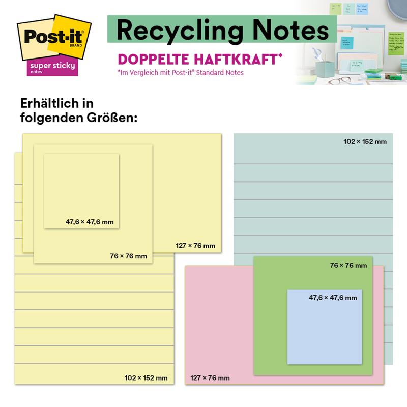 Un graphique montre les Post-it® Super Sticky 100% recyclés aux couleurs pastel (76x76 mm, 70 feuilles/bloc, 100% PEFC) de 3M Deutschland GmbH, avec texte allemand sur les tailles et une photo de poste de travail où les notes sont utilisées sur le mur et le moniteur.