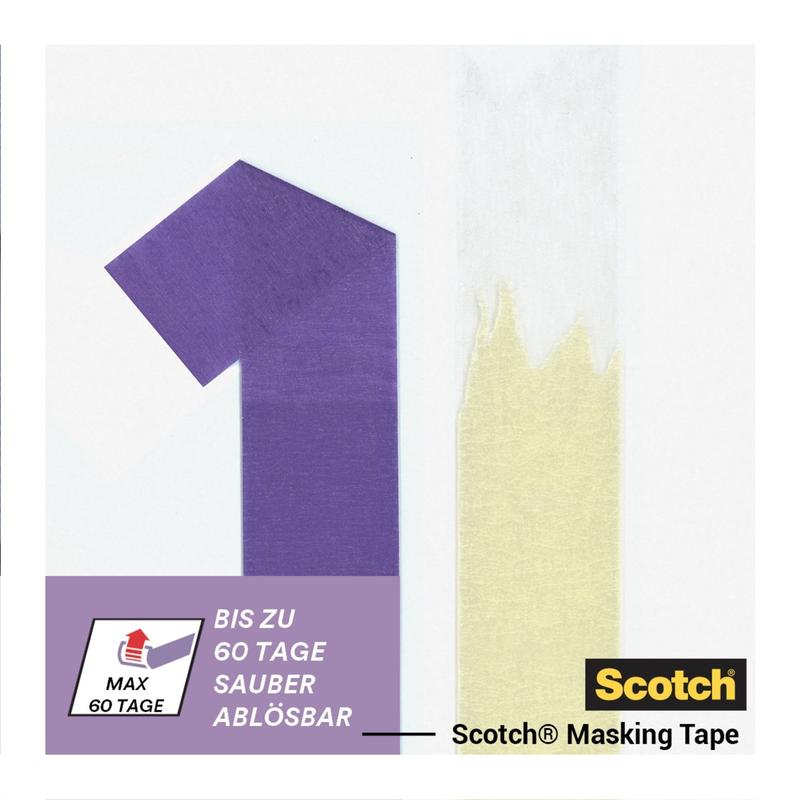 Twee oppervlakken in vergelijking: een met schoon Scotch® schilderstape voor gevoelige oppervlakken (36 mm x 41 m, 1 rol, 3M Deutschland GmbH), de andere met resten. Tekst benadrukt het restvrije verwijderen.