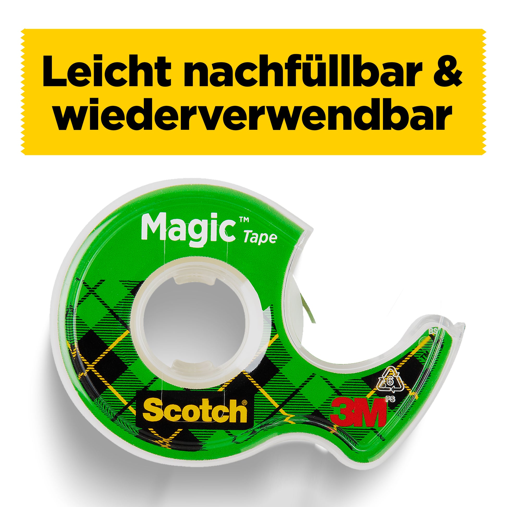 Ein grüner Scotch® Magic™ Unsichtbares Klebeband Spender (19 mm x 25 m, 1 Rolle + 5 m gratis) der 3M Deutschland GmbH mit schwarz-gelb kariertem Design und der Aufschrift "Leicht nachfüllbar & wiederverwendbar".
