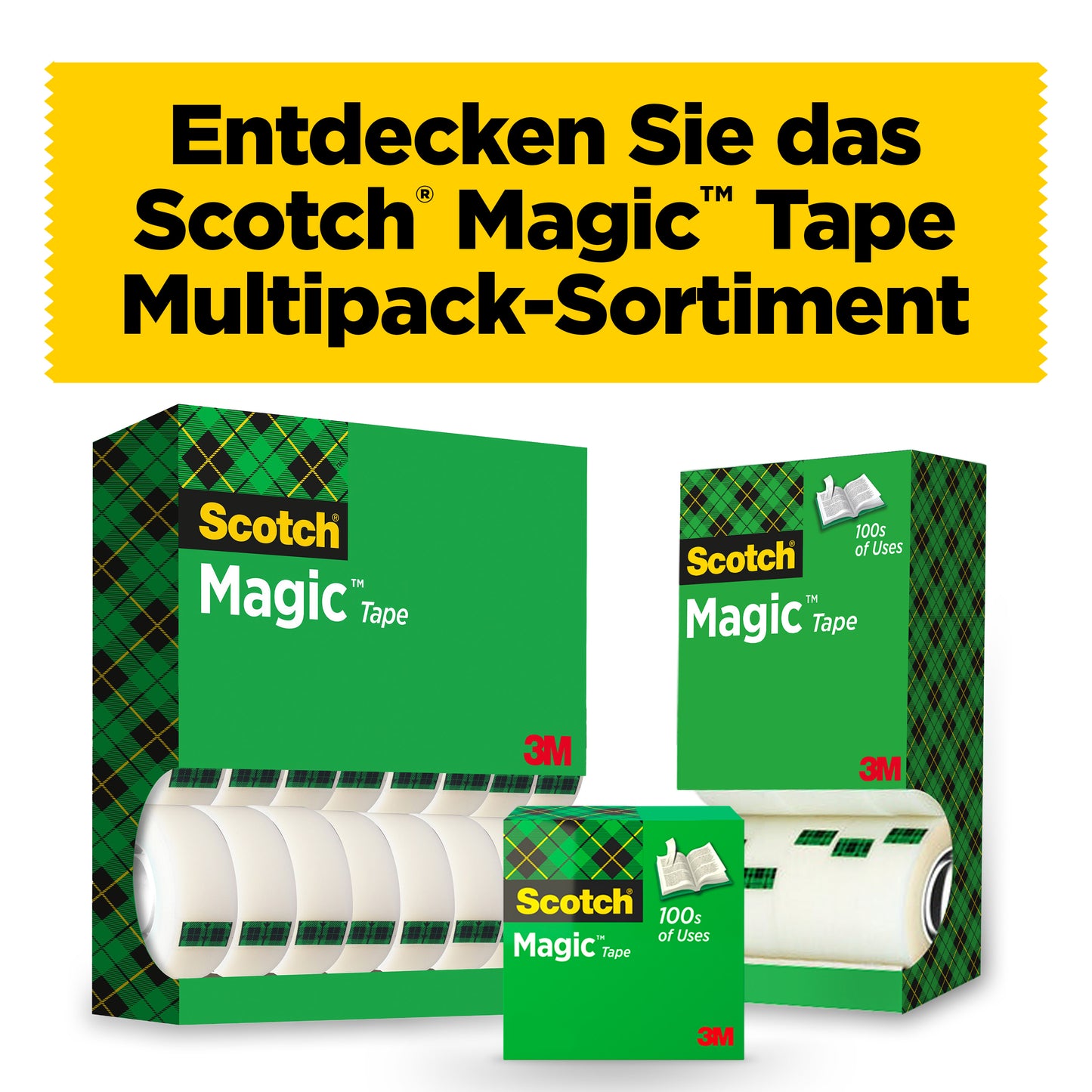 Abgebildet ist eine Packung mit 24 Rollen Scotch® Magic™ Unsichtbares Klebeband (19 mm x 33 m) der 3M Deutschland GmbH. Die grün karierte Verpackung und das gelbe Vorteilspack-Schild weisen auf das praktische Multipack hin.