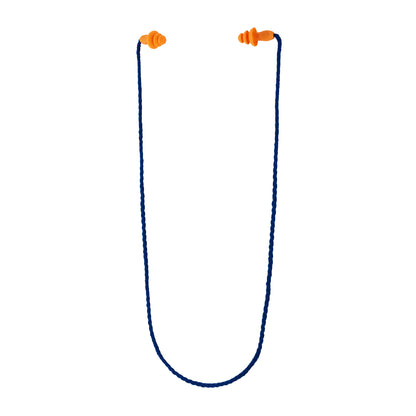 Ein Paar orangefarbene 3M™ Gehörschutzstöpsel mit Kordel 1271 (Drei-Flansch-Design, SNR 26 dB, wiederverwendbar) von 3M Deutschland GmbH, verbunden mit einer blauen Schnur und vor weißem Hintergrund dargestellt.