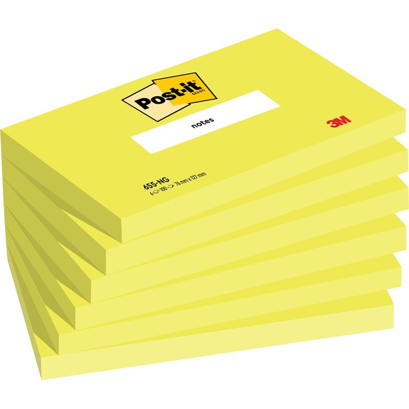 Afgebeeld is een stapel van zes gele Post-it® notitieblaadjes (76 mm x 127 mm, 100 vel/blok, 100% PEFC) van 3M Deutschland GmbH, elk met het Post-it-logo aan de bovenkant en de opdruk "Notizen" op het blok.