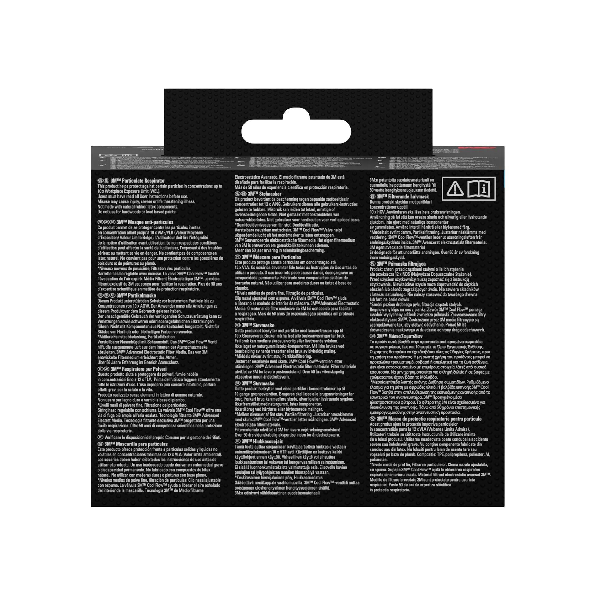 Rückseite der 3M™ Cool Flow™ Partikelmaske 8812, FFP1-Verpackung (3er-Packung) von 3M Deutschland GmbH, mit Anweisungen in Englisch, Französisch und Spanisch auf schwarzem Hintergrund mit weißem Text, zwei Symbolen oben rechts und einer Aufhängelasche.