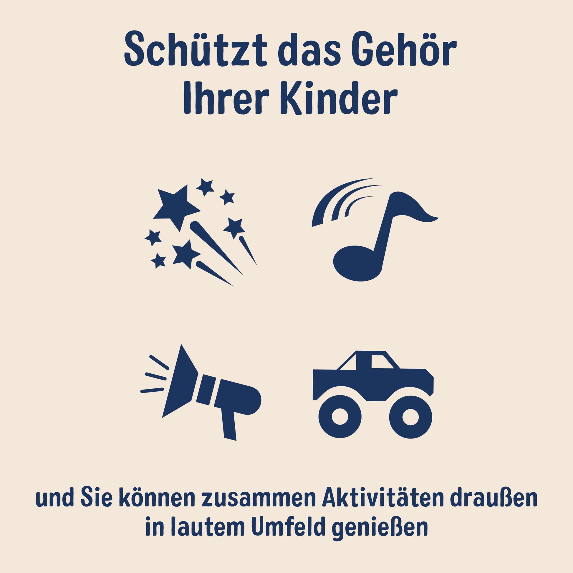Dunkelblaue Icons auf hellem Hintergrund. Deutscher Text: "Schützen Sie das Gehör Ihrer Kinder und genießen Sie gemeinsam laute Aktivitäten im Freien." Produkt: 3M™ Gehörschutz für Kinder PKIDSP-TEAL-E (türkis, 87-98 dB), 1 Stück, von 3M Deutschland GmbH.