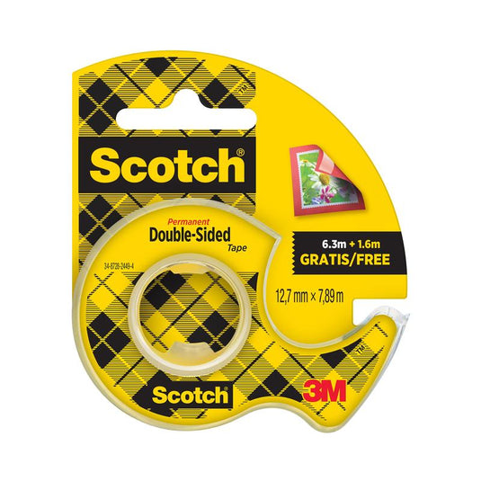 Un paquet de ruban adhésif double face Scotch® de 3M Deutschland GmbH (12,7 mm x 7,89 m) avec 25% en plus et un dérouleur manuel jaune, adapté pour une utilisation sur papier. Contient 1 rouleau.