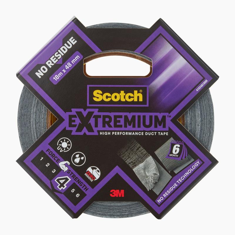 Un rouleau de ruban adhésif en tissu haute performance 3M Scotch® Extremium™ No Residue, 18,2 m x 48 mm, dans un emballage de 3M Deutschland GmbH, qui offre une adhérence forte et une technologie avancée sans résidu pendant 6 mois.