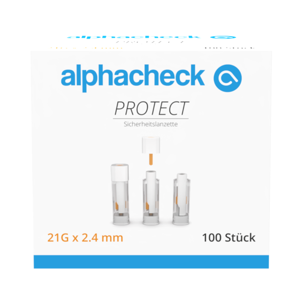Boîte de 100 lancettes de sécurité Alphacheck PROTECT, 21G x 2,4 mm, de Berger Med GmbH. La face avant montre le nom du produit, le logo et les illustrations de la lancette en trois étapes, soulignant ainsi le prélèvement sanguin peu douloureux.