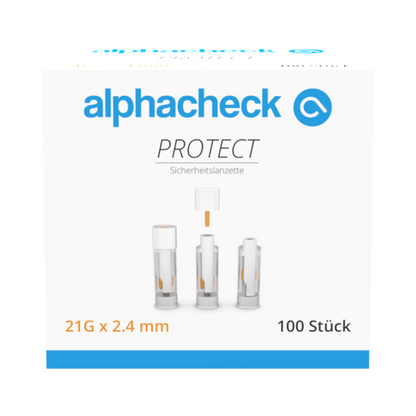 Boîte de 100 lancettes de sécurité Alphacheck PROTECT, 21G x 2,4 mm, de Berger Med GmbH. La face avant montre le nom du produit, le logo et les illustrations de la lancette en trois étapes, soulignant ainsi le prélèvement sanguin peu douloureux.