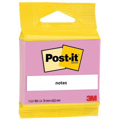 Eine Packung 3M Post-it® Notes (63,5 x 76 mm, 100 Blatt) der 3M Deutschland GmbH, 100% PEFC-zertifiziert, mit gelber Oberseite, rosa Vorderseite, "notes" und "Haftnotizen" auf dem Etikett und dem roten 3M-Logo unten rechts.