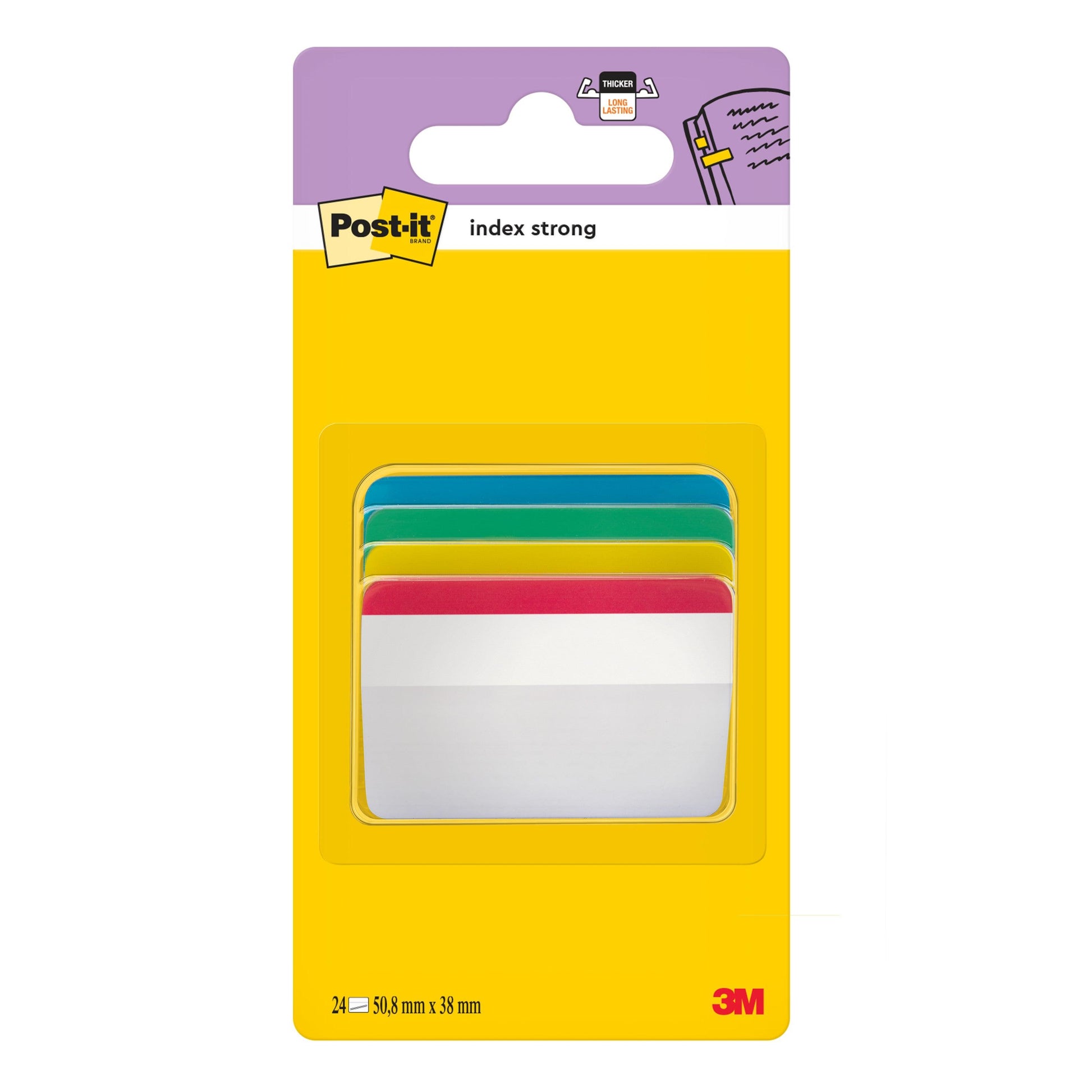 Eine Packung der 3M Deutschland GmbH enthält 24 große, gebogene Post-it® Index Strong Tabs in den Farben rot, gelb, blau und grün (50,8 mm x 38,1 mm), die in einem Spender pro Packung geliefert werden.