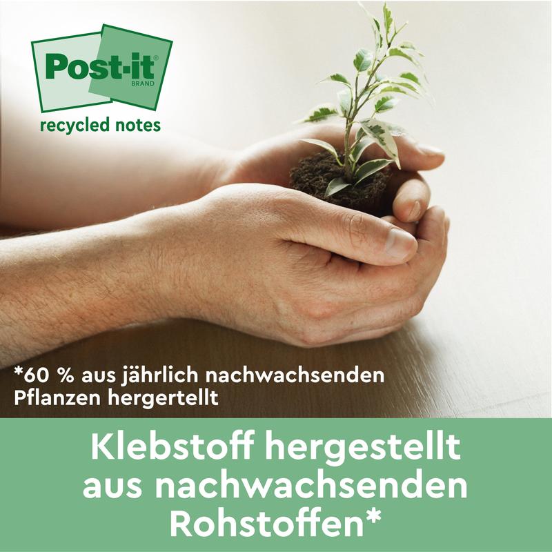 Een persoon houdt een kleine plant met aarde vast, daarnaast een Duitse tekst die reclame maakt voor Post-it® Recycling Notes (38 mm x 51 mm, 100 vel/Blok, 100% PEFC) van 3M Deutschland GmbH en de lijm van jaarlijks hernieuwbare grondstoffen benadrukt.