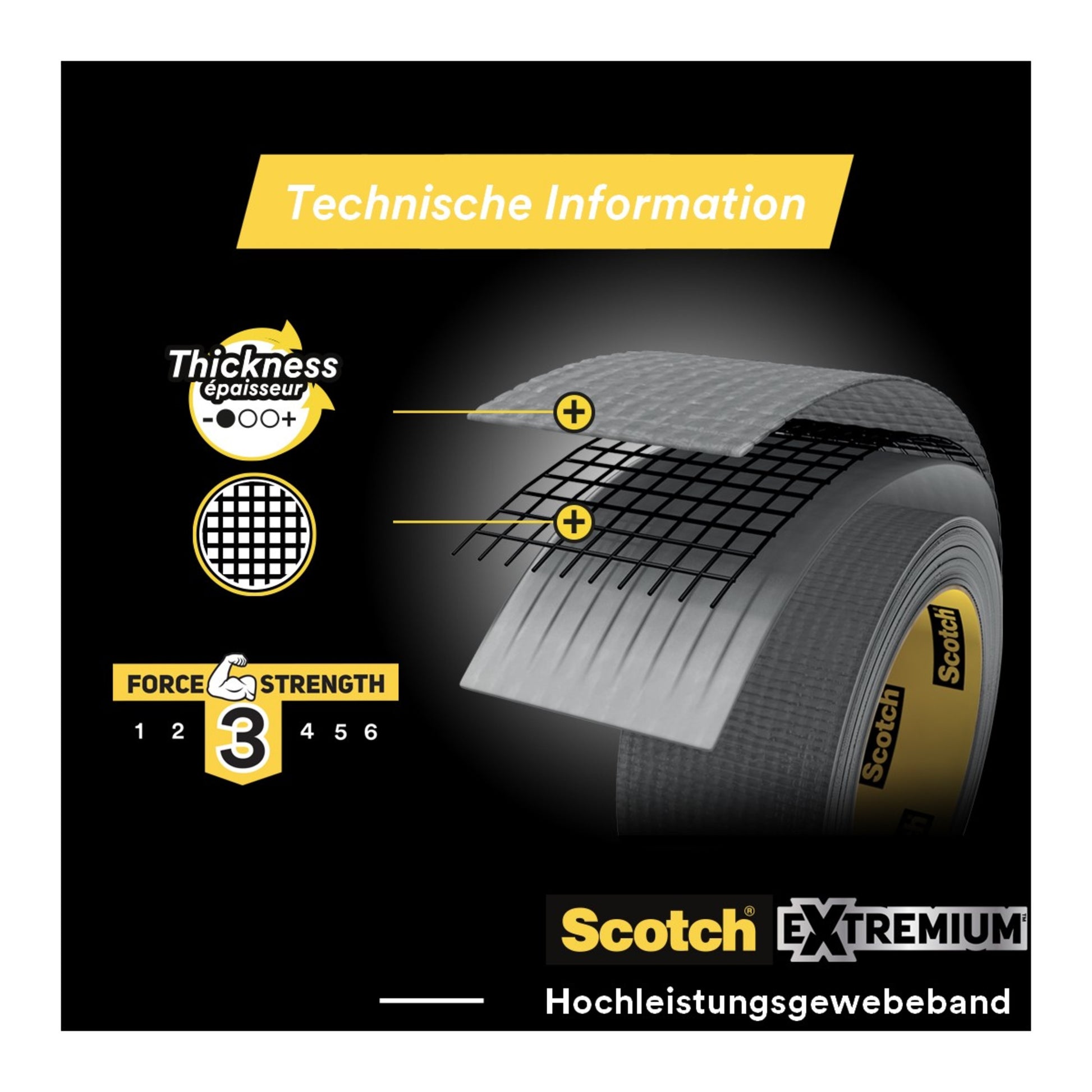 Ein Diagramm des schwarzen Scotch® Extremium™ Universal Klebebandes (3 m x 19 mm, 3M Deutschland GmbH) zeigt verstärkte Lagen, beschriftet mit der Dicke und der Kraftstufe 3, mit dem deutschen Text "Technische Information" und "Hochleistungsgewebeband".