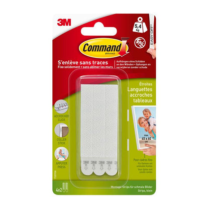 Een detailverpakking van 3M Deutschland GmbH Smalle Command™ Bevestigingsstrips voor schilderijen (M) 17207, houdt tot 5,4 kg, bevat vier witte paar voor smalle schilderijophangingen en een handleiding in het Duits en Frans.