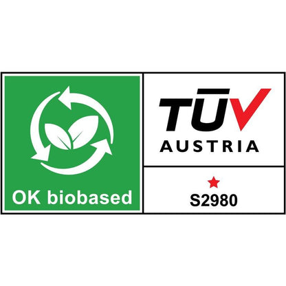 De Scotch® Magic™ Onzichtbare Tape van 3M Deutschland GmbH is voorzien van een "OK biobased"-label met groene bladeren en pijlen en een wit gebied met "TÜV AUSTRIA", "S2980" en een rode ster.
