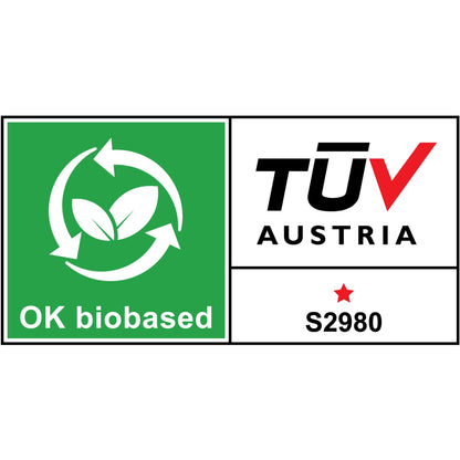 Ein rechteckiges Etikett mit grünem Abschnitt, zwei Blättern, Recycling-Pfeilen, "OK biobased", TÜV Austria Logo und Code "S2980" unter einem roten Stern - ideal für 3M Deutschland GmbH Scotch™ Klebeband-Abroller C60 plus Magic™ Klebeband 19mm x 33mm (4 Rollen/Packung).