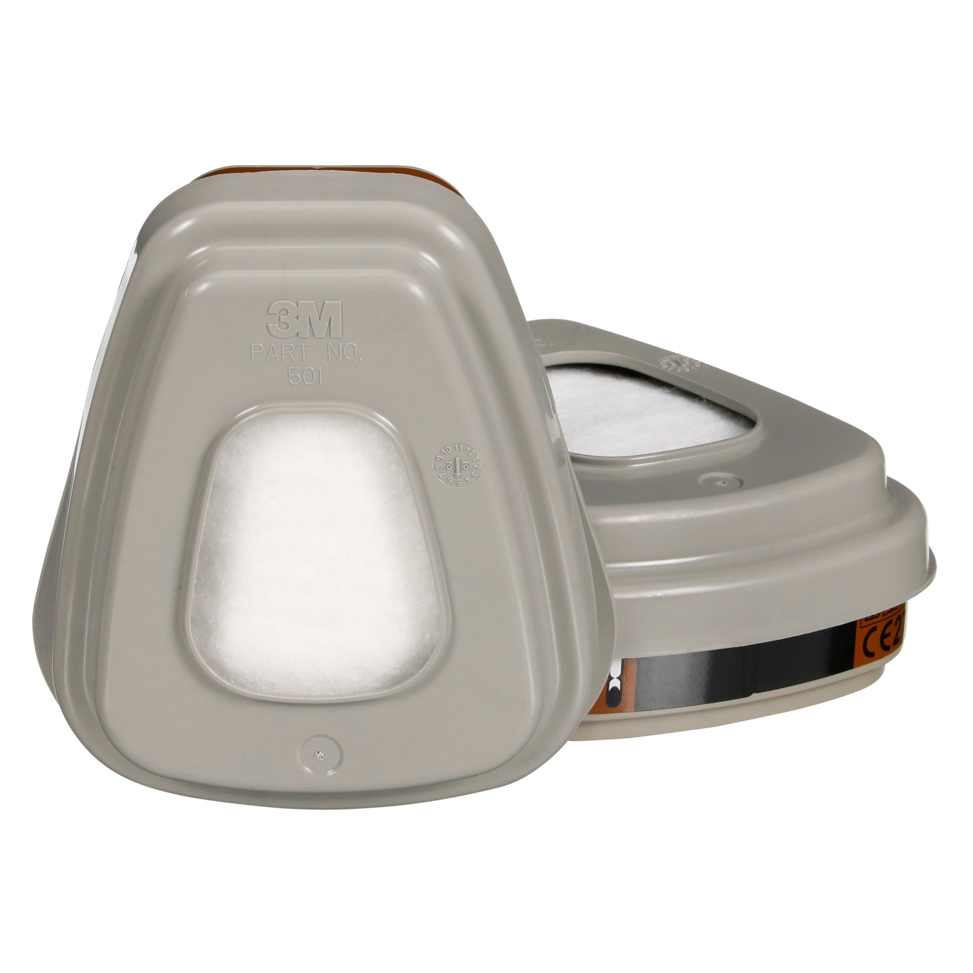 Zwei graue 3M™ Filtersätze 6003-1 A2P3 von 3M Deutschland GmbH (2x6055, 2x5935, 2x501) mit dreieckiger Form und weißem Filtereinsatz schützen vor organischen Dämpfen bei Verwendung mit kompatiblen Atemschutzmasken.