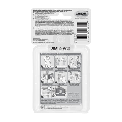 Rückseite von Command™ Wasserresistente Strips Multipack (8×S, 4×M, 4×L) von 3M Deutschland GmbH. Zeigt Barcode, 3M/Command-Logos, Anweisungen in Französisch/Englisch und Diagramme zur Verwendung/Entfernung-Befestigung ohne Bohren.