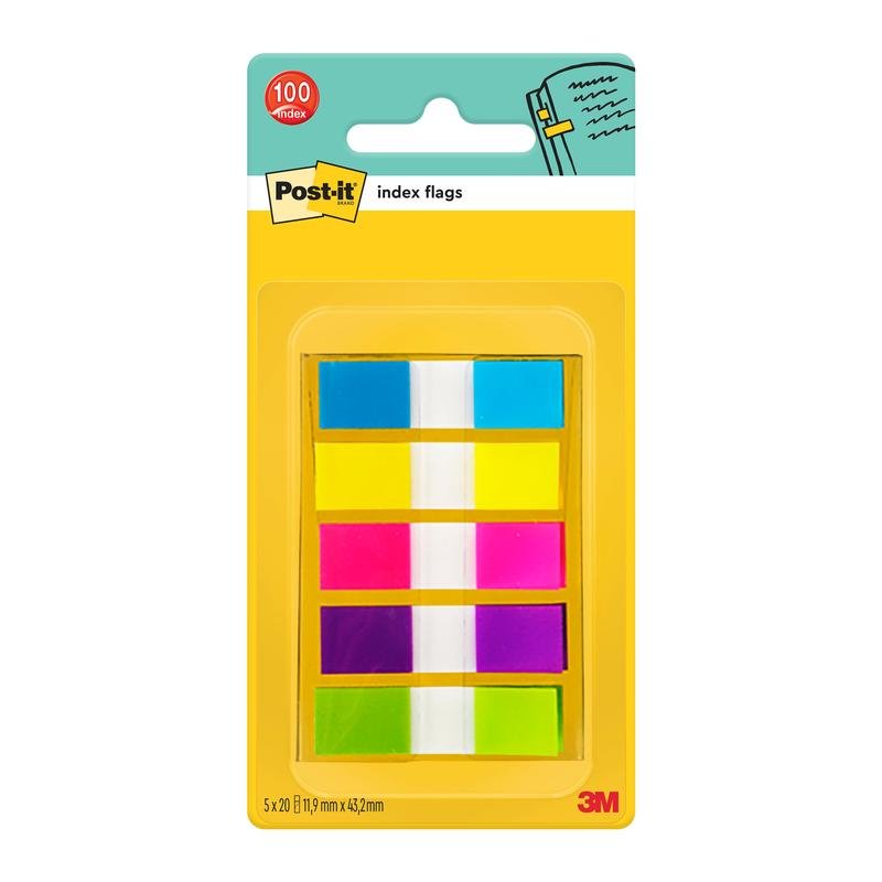 Le Post-it® Index Signet Mini de 3M Deutschland GmbH contient 100 signets dans les couleurs bleu, jaune, rose, vert et orange (taille : 11,9 mm x 43,2 mm), disposés sur une carte de fond jaune et orange.