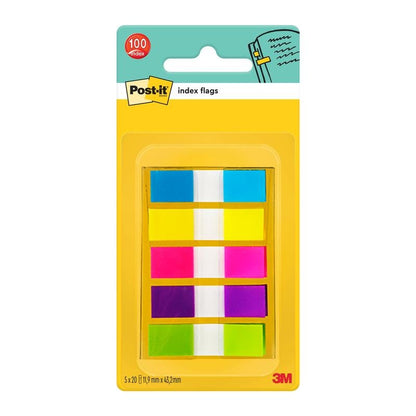 Le Post-it® Index Signet Mini de 3M Deutschland GmbH contient 100 signets dans les couleurs bleu, jaune, rose, vert et orange (taille : 11,9 mm x 43,2 mm), disposés sur une carte de fond jaune et orange.