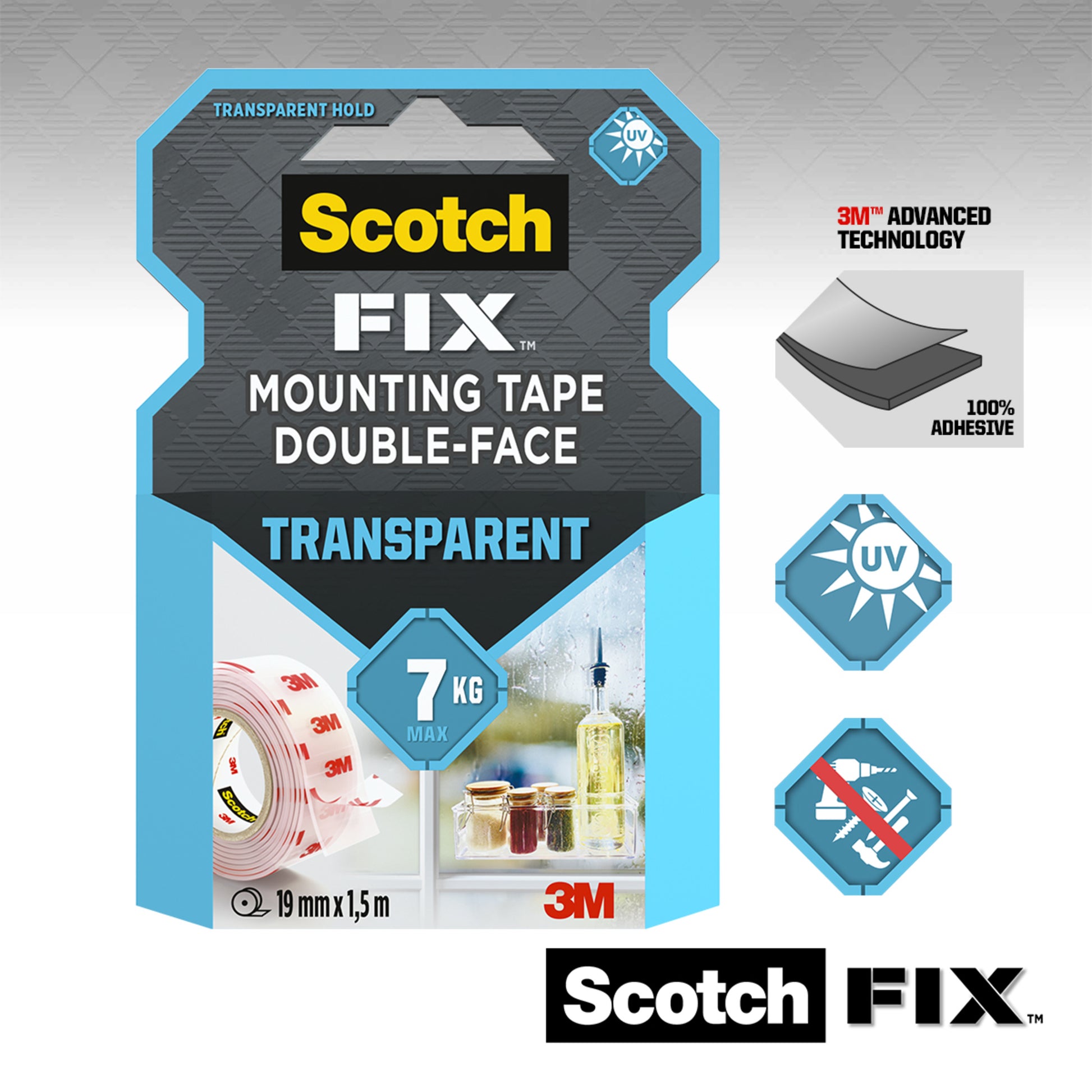Das Scotch-FIX™ Transparentes doppelseitiges Montageband 4910C von 3M Deutschland GmbH trägt bis zu 7 kg, misst 19 mm x 1,5 m und ist auf der Verpackung mit Symbolen für UV-Beständigkeit, fortschrittliche 3M Technologie und starke Klebkraft gekennzeichnet.